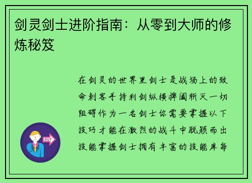 剑灵剑士进阶指南：从零到大师的修炼秘笈