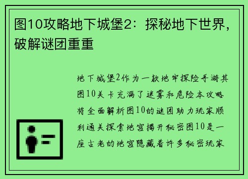 图10攻略地下城堡2：探秘地下世界，破解谜团重重